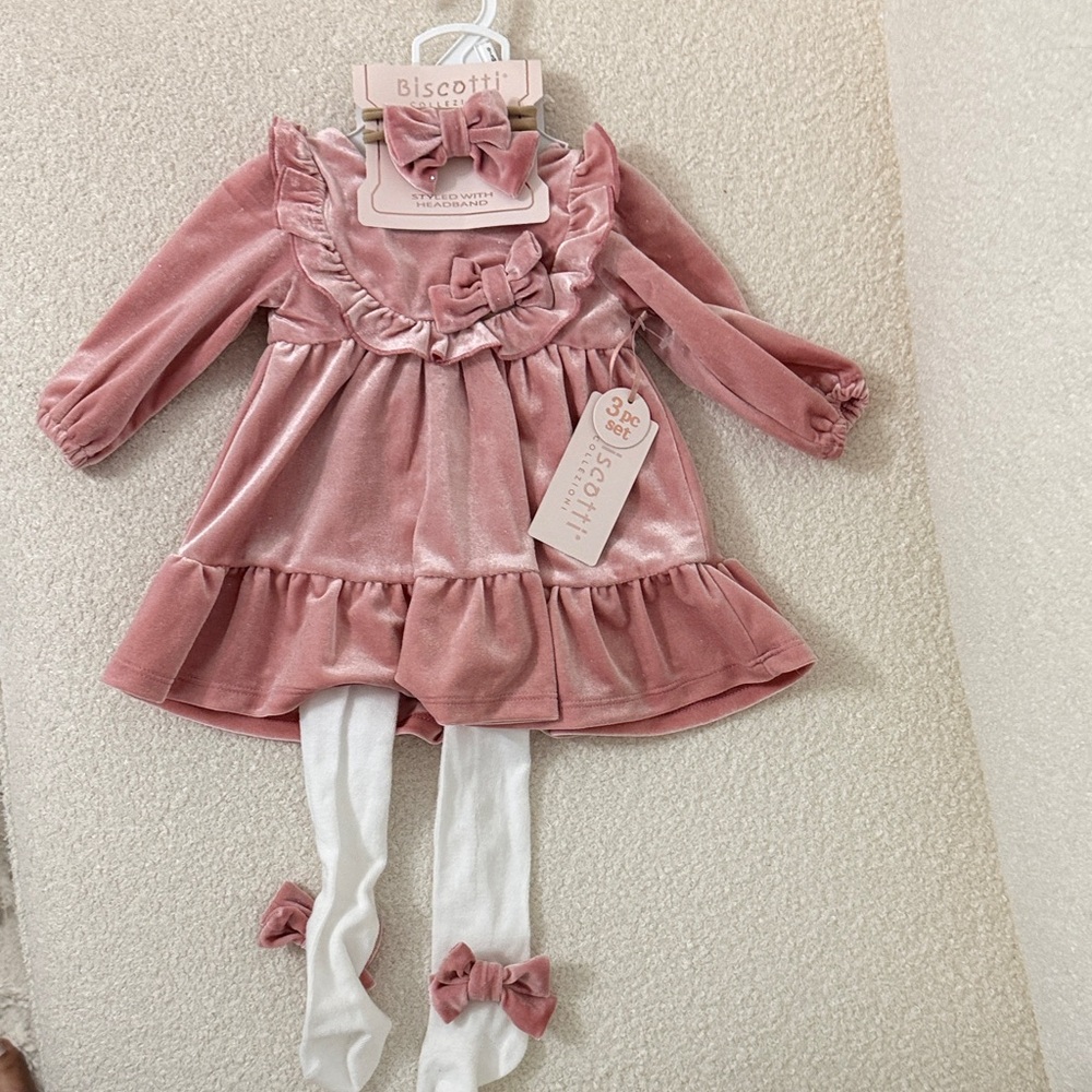 Biscotti Blush Velvet Baby Dress with Bow Accents